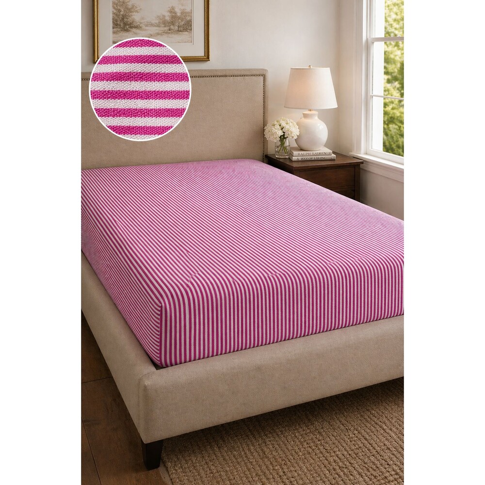 Ralph Lauren Pink White Stripe Fitted Sheet Cotton Stretchy Pique Texture FULL
